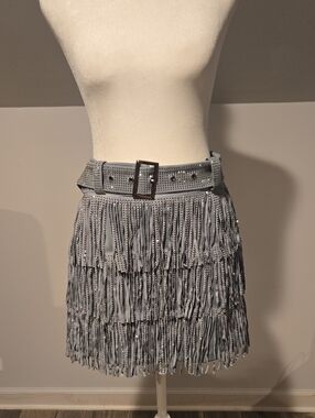 Studded Fringe Mini Skort in Light Blue with Buckle Belt